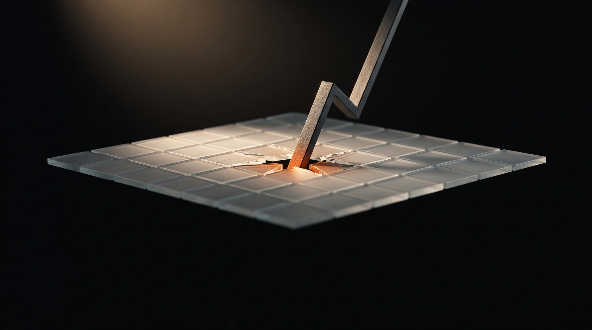 An abstract rising line breaking through a glass grid plane.