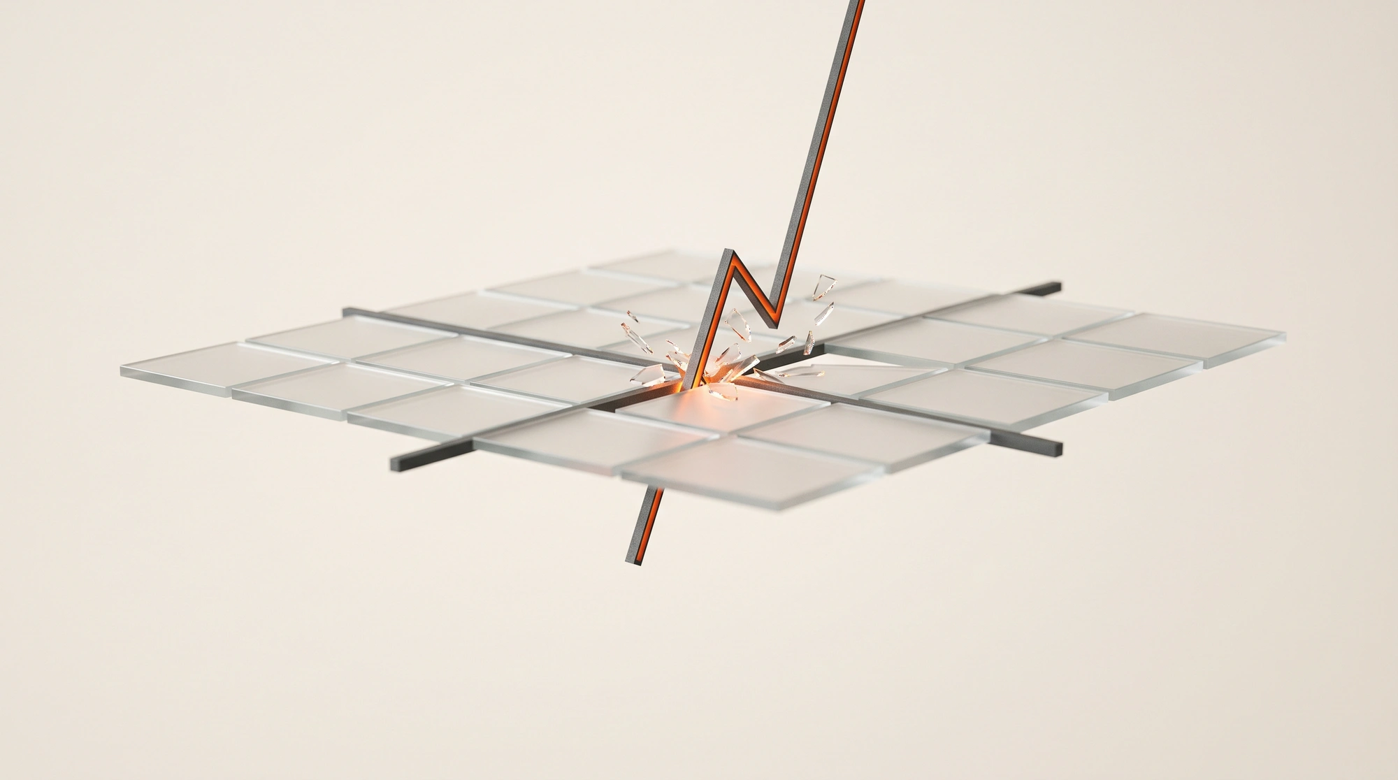 An abstract rising line breaking through a glass grid plane.