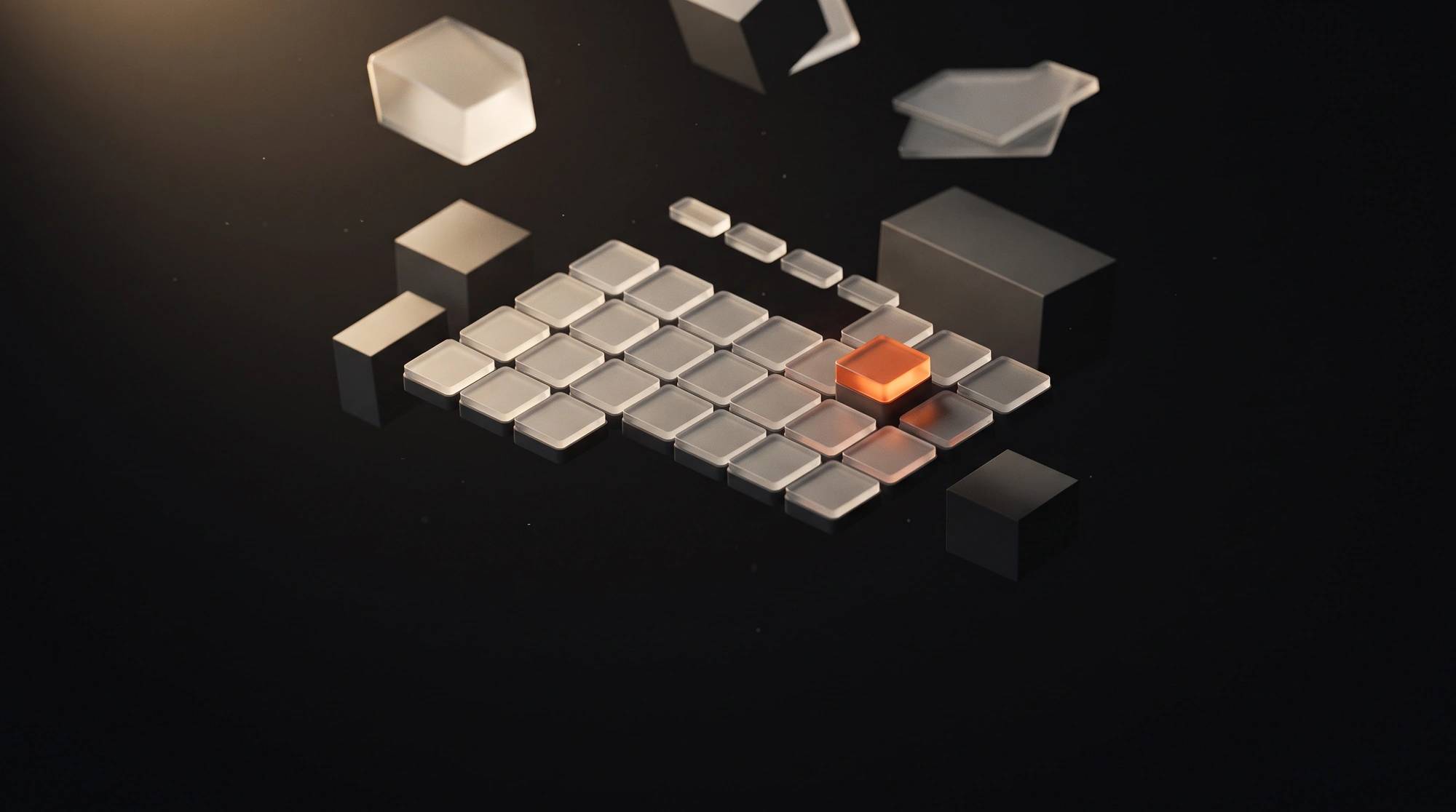 An abstract isometric grid of glass cells with one cell lit.