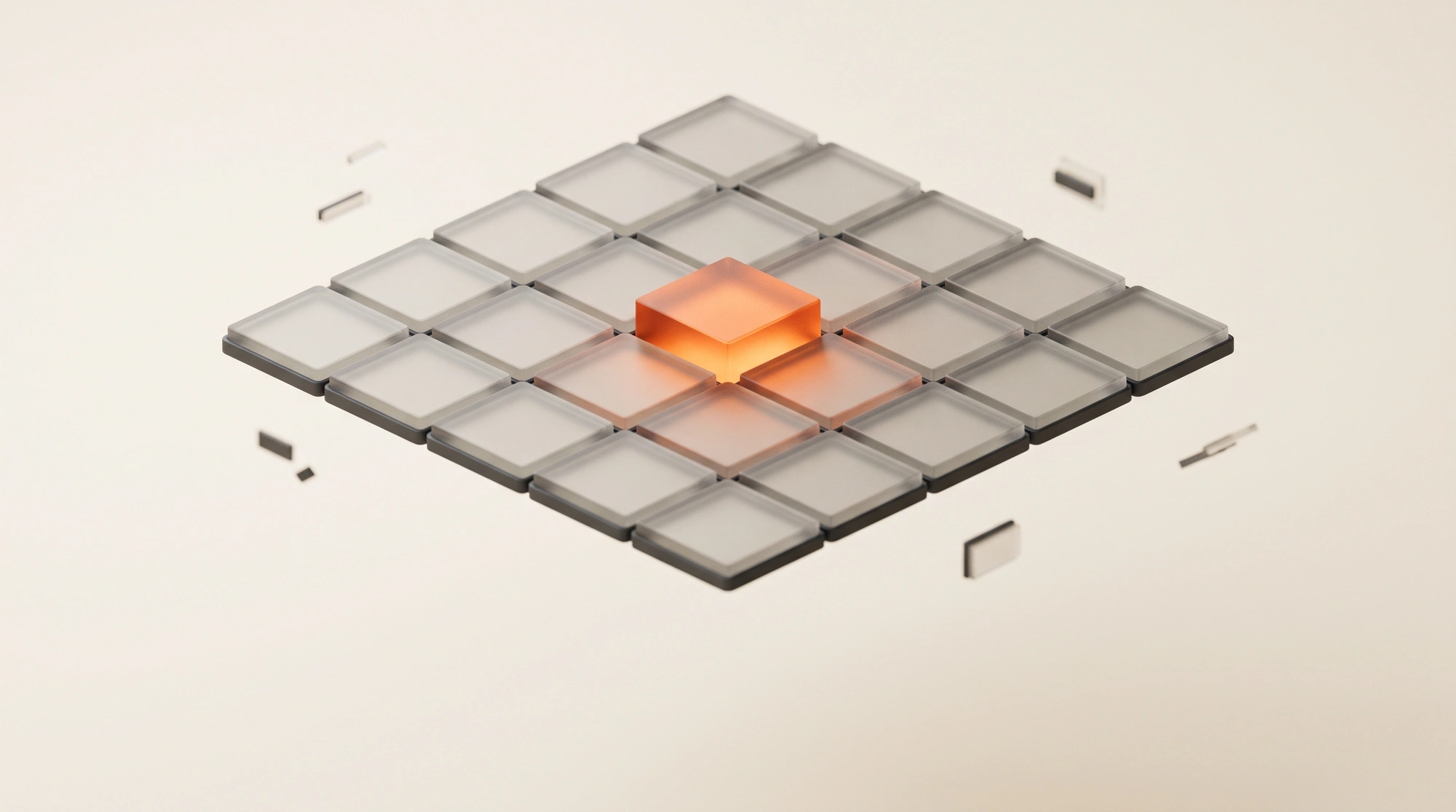 An abstract isometric grid of glass cells with one cell lit.
